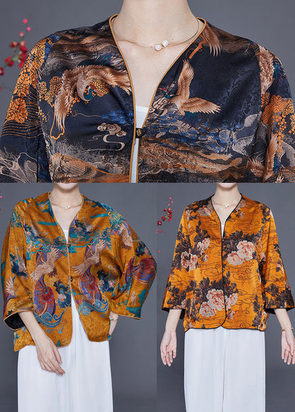 Yellow Oversized Print Silk Tops Bracelet Sleeve
