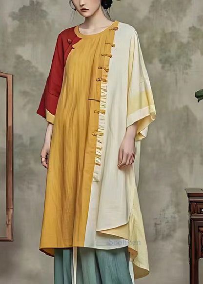 Yellow Oversized Patchwork Linen Shirt Dress Summer