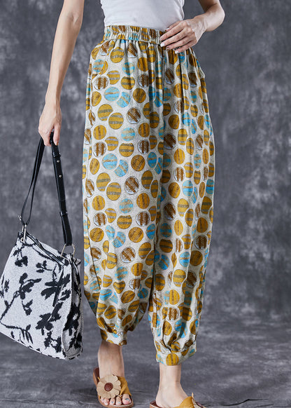 Yellow Oversized Print Pockets Linen Silk Pants Summer