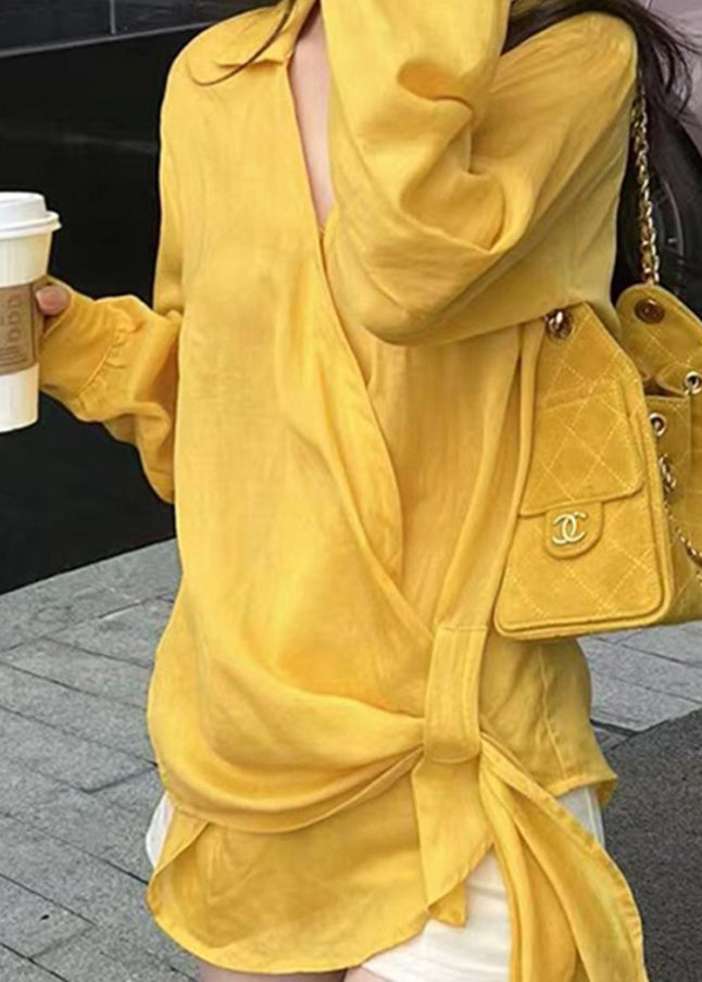 Yellow Peter Pan Collar Asymmetrical Cotton Shirts Fall