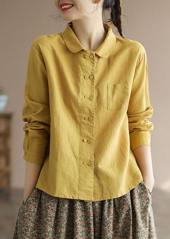Yellow Peter Pan Collar Button Patchwork Linen Shirts Tops Spring