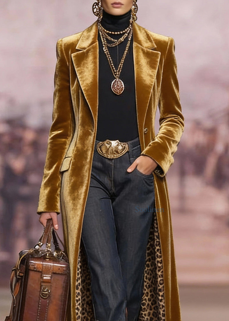 Yellow Peter Pan Collar Pockets Velvet Trench Spring