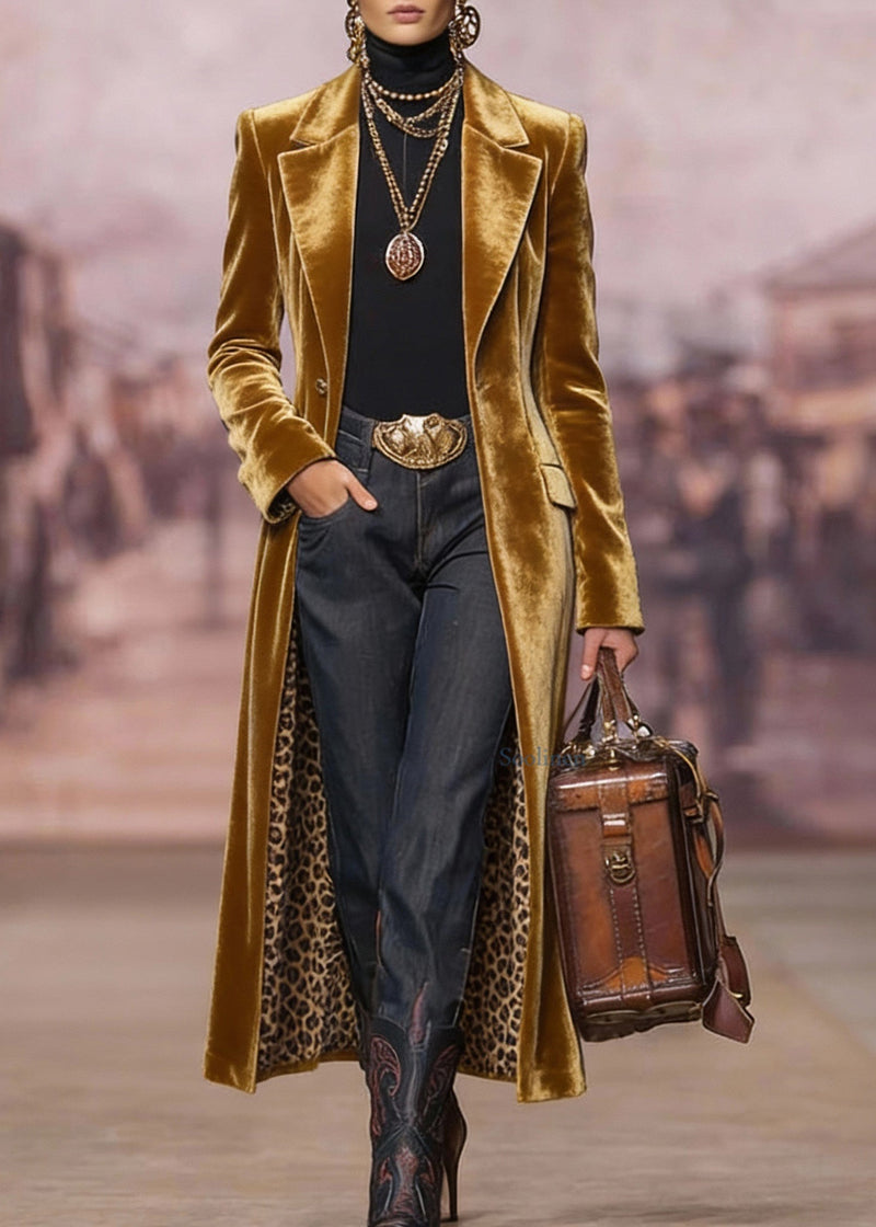 Yellow Peter Pan Collar Pockets Velvet Trench Spring