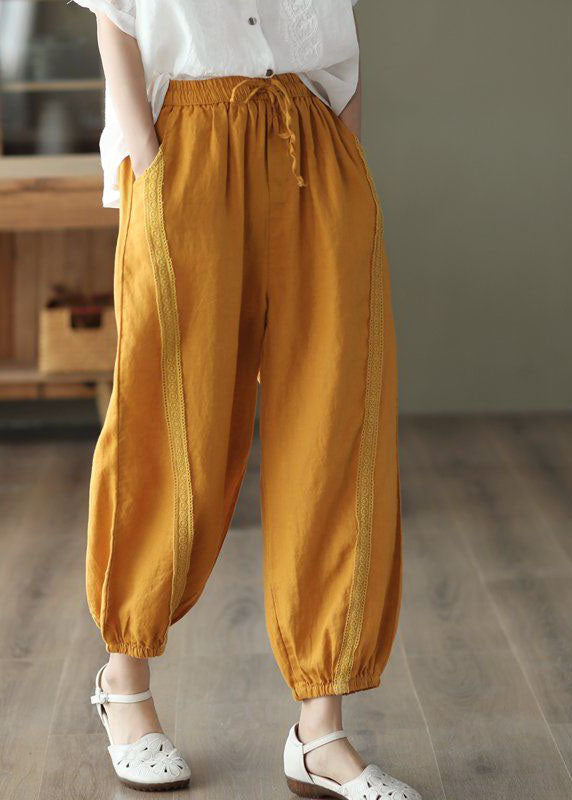 Yellow Pockets Patchwork Linen Harem Pants Summer