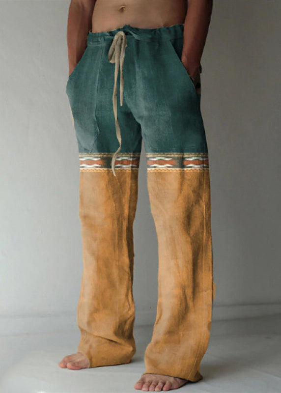Yellow Print Elastic Waist Patchwork Cotton Pants Summer