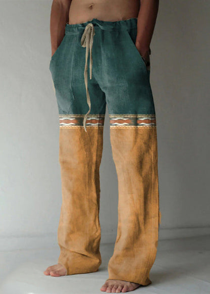 Yellow Print Elastic Waist Patchwork Cotton Pants Summer