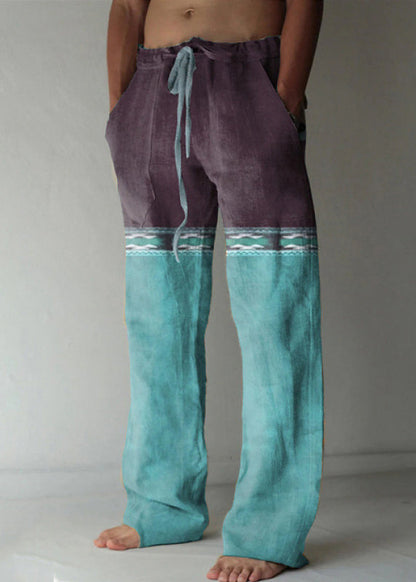 Yellow Print Elastic Waist Patchwork Cotton Pants Summer