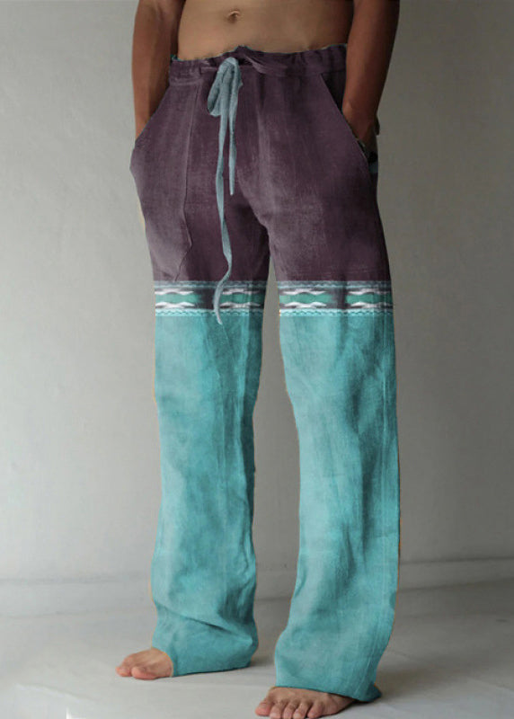 Yellow Print Elastic Waist Patchwork Cotton Pants Summer
