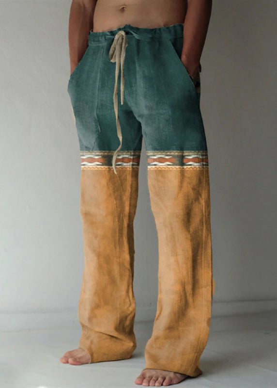 Yellow Print Elastic Waist Patchwork Cotton Pants Summer