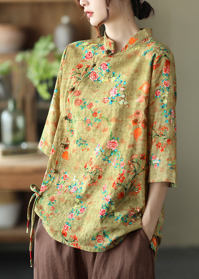 Yellow Print Tie Waist Shirts Half Sleeve