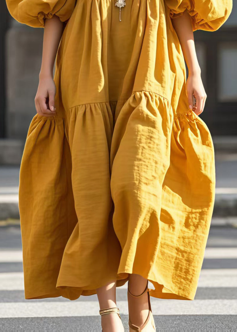 Yellow Puff Sleeve Oversized Cotton Vestidos Dress