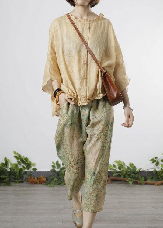 Yellow Ruffled Button Fall Half Sleeve Top
