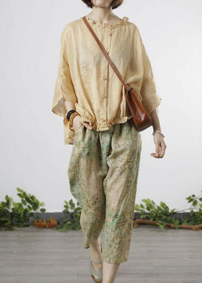 Yellow Ruffled Button Fall Half Sleeve Top