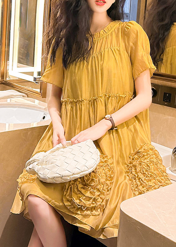 Yellow Ruffled Patchwork Chiffon Dresses Summer