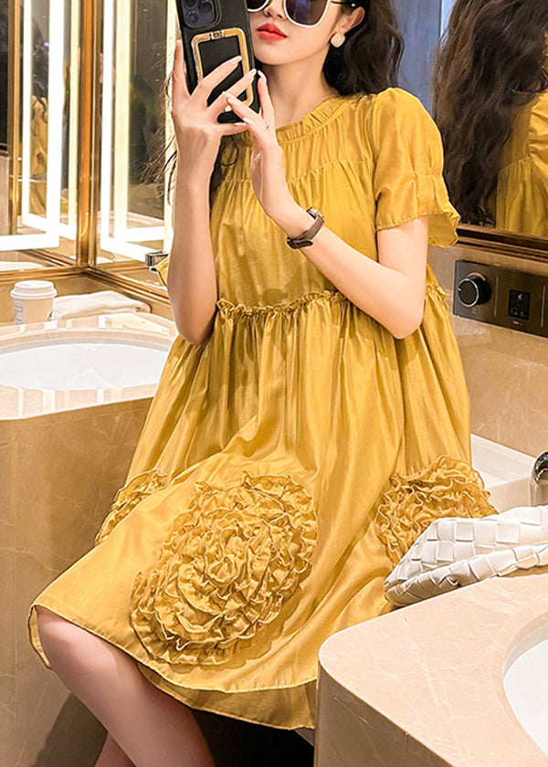 Yellow Ruffled Patchwork Chiffon Dresses Summer