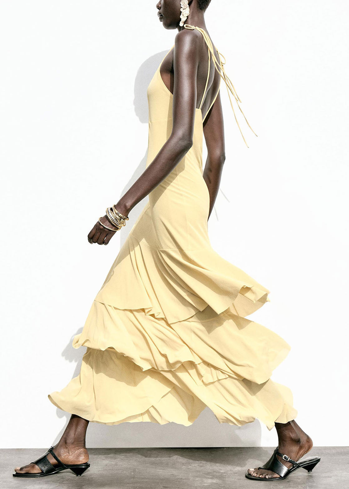 Yellow Ruffled Patchwork Chiffon Spaghetti Strap Dress Summer
