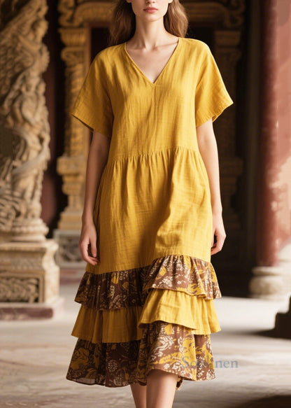 Yellow Ruffles Patchwork Cotton Long Dress Summer