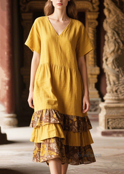 Yellow Ruffles Patchwork Cotton Long Dress Summer