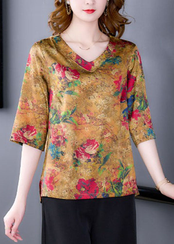 Yellow Side Open V Neck Print Silk Blouse Tops Half Sleeve