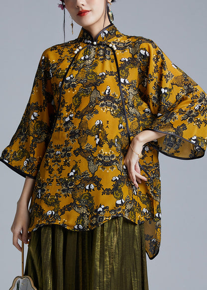 Chic Yellow Stand Collar Button Low High Design Silk Shirts Spring