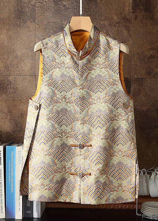 Yellow Stand Collar Embroideried Side Open Silk Vest Sleeveless