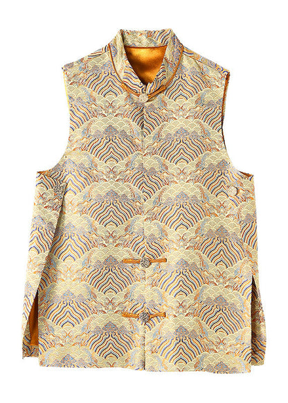 Yellow Stand Collar Embroideried Side Open Silk Vest Sleeveless