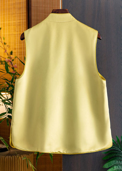 Yellow Stand Collar Embroideried Side Open Silk Waistcoat Fall