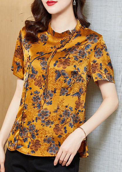Yellow Stand Collar Print Tassel Oriental Silk Shirts Short Sleeve