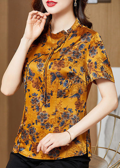 Yellow Stand Collar Print Tassel Oriental Silk Shirts Short Sleeve