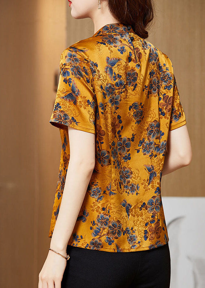 Yellow Stand Collar Print Tassel Oriental Silk Shirts Short Sleeve