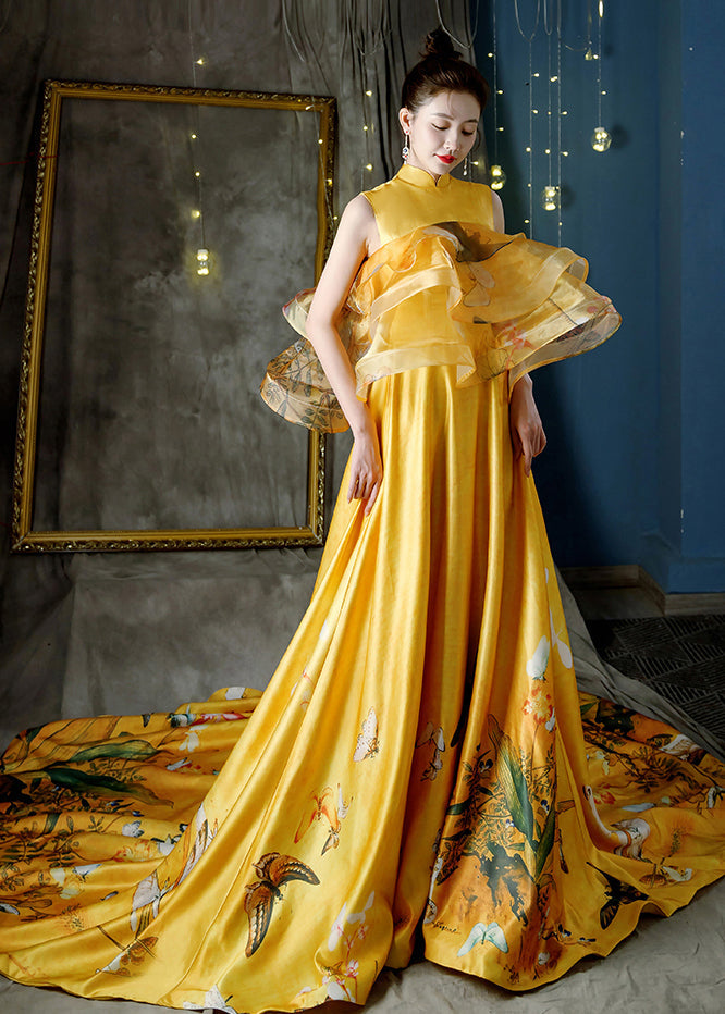 Yellow Stand Collar Print Tulle Patchwork Trailing Dresses Sleeveless
