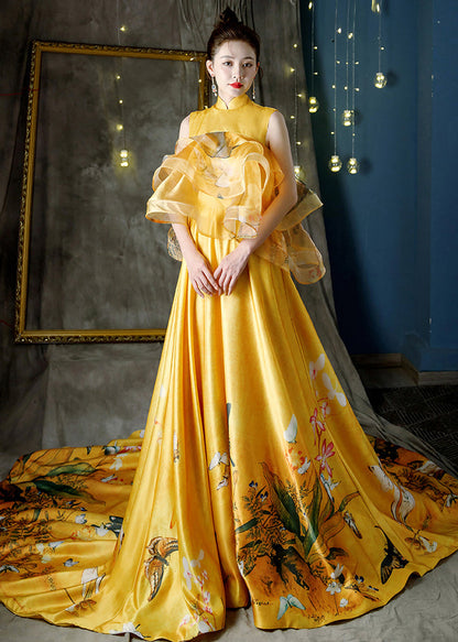 Yellow Stand Collar Print Tulle Patchwork Trailing Dresses Sleeveless