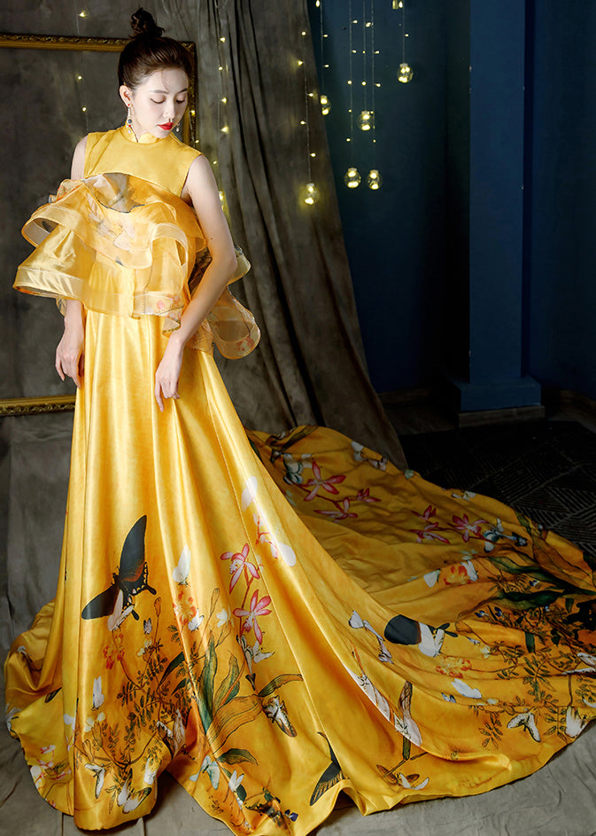 Yellow Stand Collar Print Tulle Patchwork Trailing Dresses Sleeveless