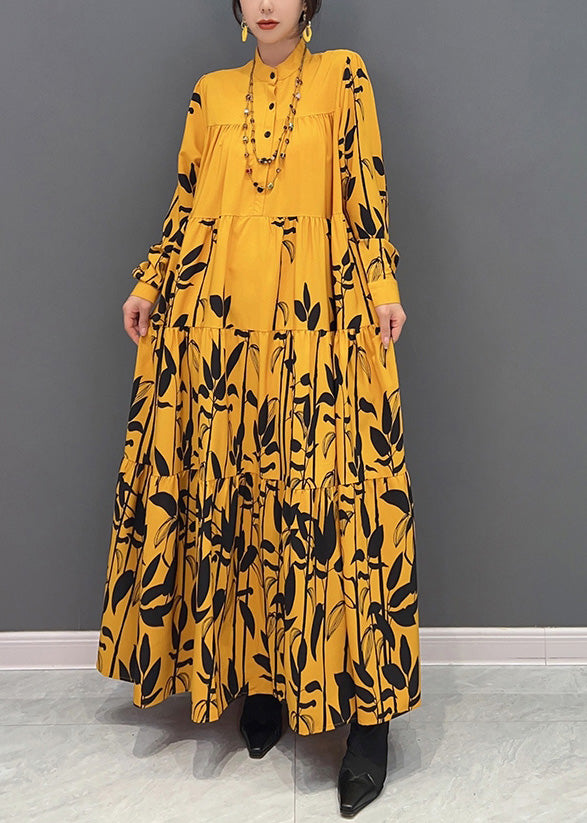 Yellow Stand Collar Print Wrinkled Button Maxi Dresses Long Sleeve