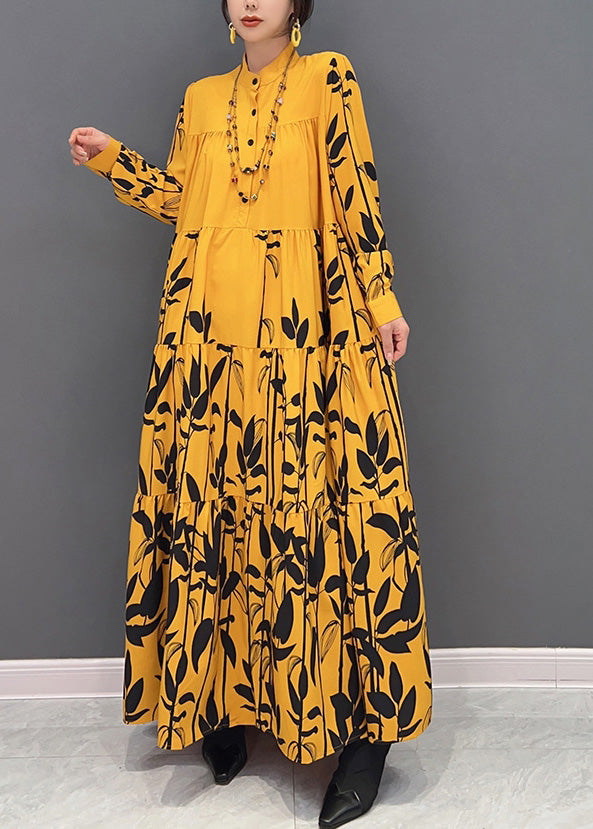 Yellow Stand Collar Print Wrinkled Button Maxi Dresses Long Sleeve