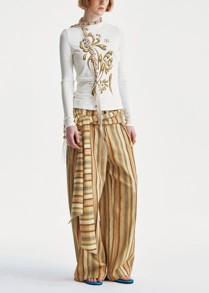 Yellow Striped Cotton Wide Leg Pants Summer