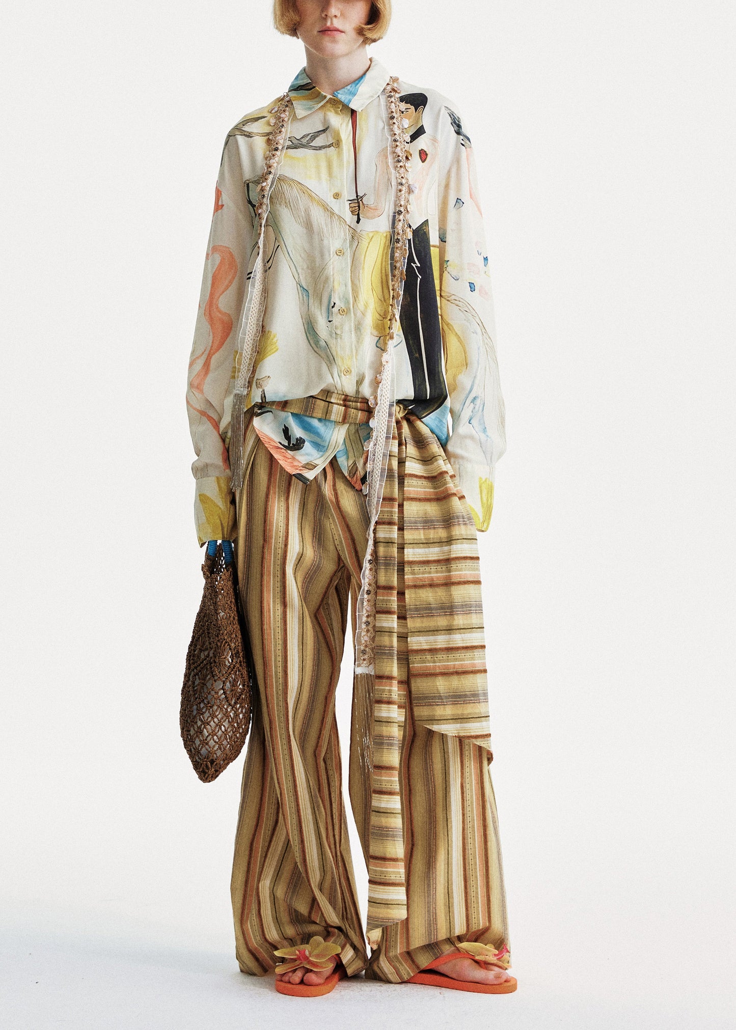Yellow Striped Cotton Wide Leg Pants Summer