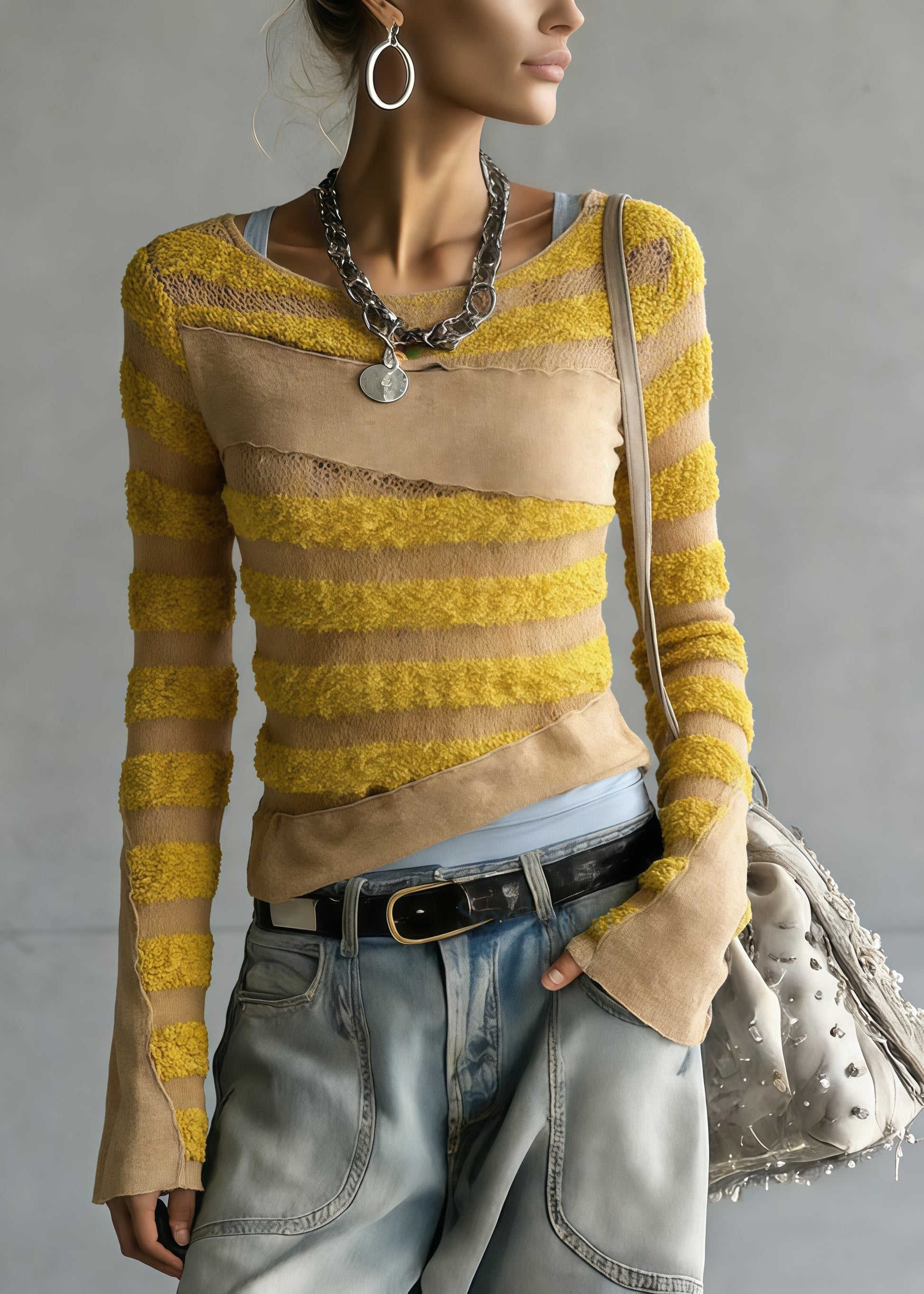 Chic Yellow Striped Patchwork Knit Top Spring