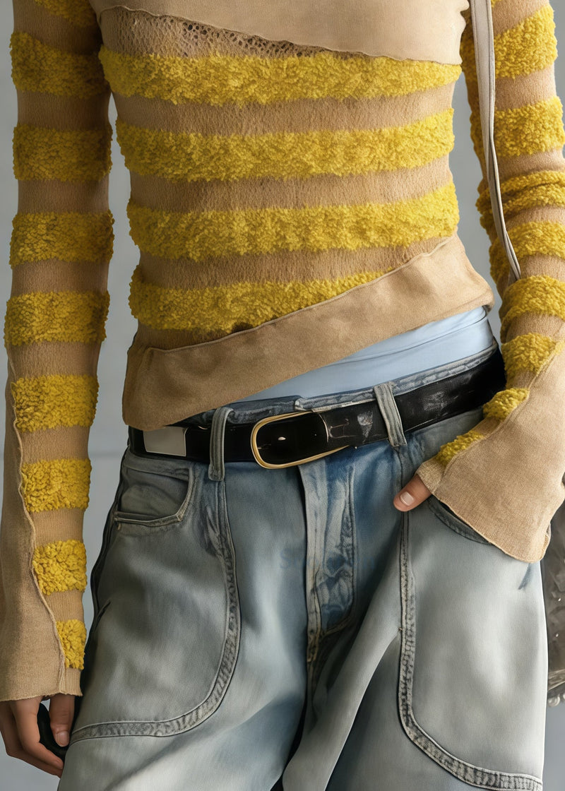 Yellow Striped Patchwork Knit Top Spring