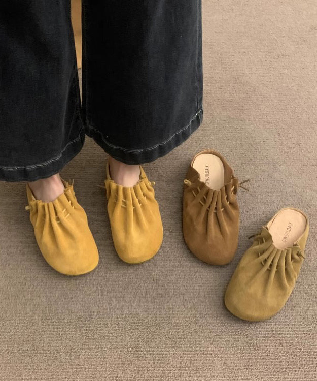Yellow Suede Wrinkled Splicing Slide Sandals
