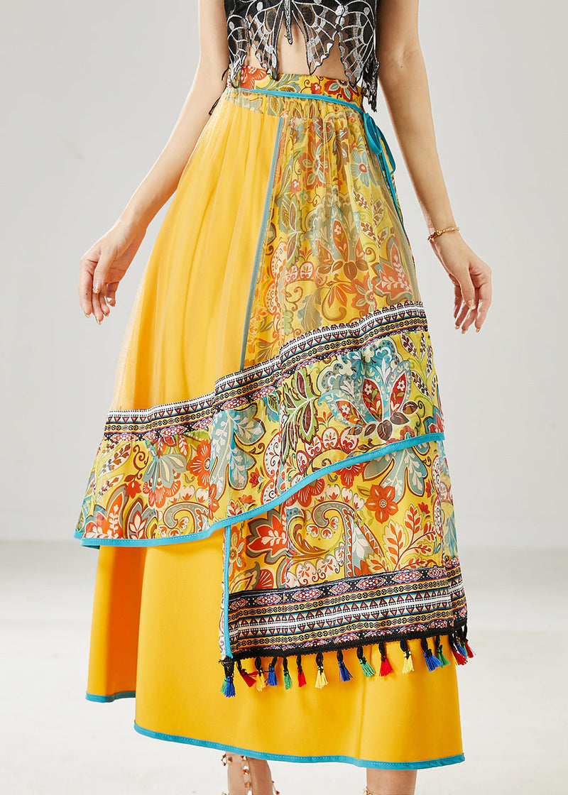 Yellow Tasseled Patchwork Tulle Skirt Summer