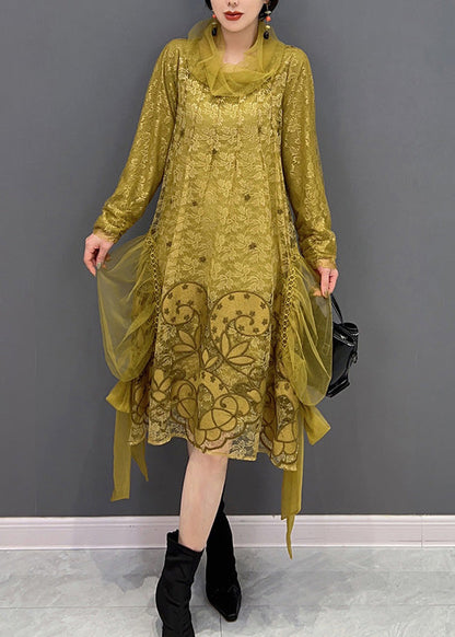 Yellow Turtleneck Embroideried Tulle Holiday Dress Long Sleeve