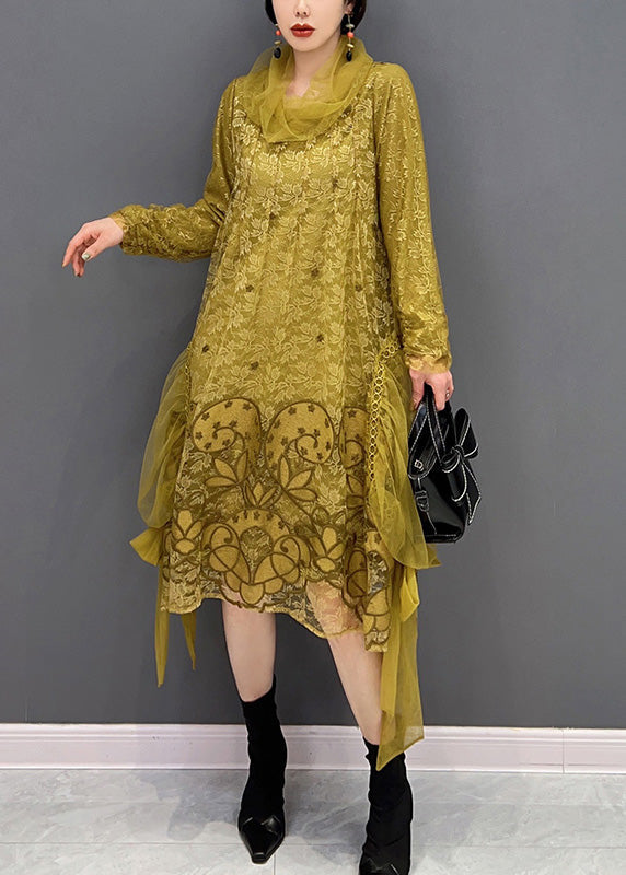 Yellow Turtleneck Embroideried Tulle Holiday Dress Long Sleeve