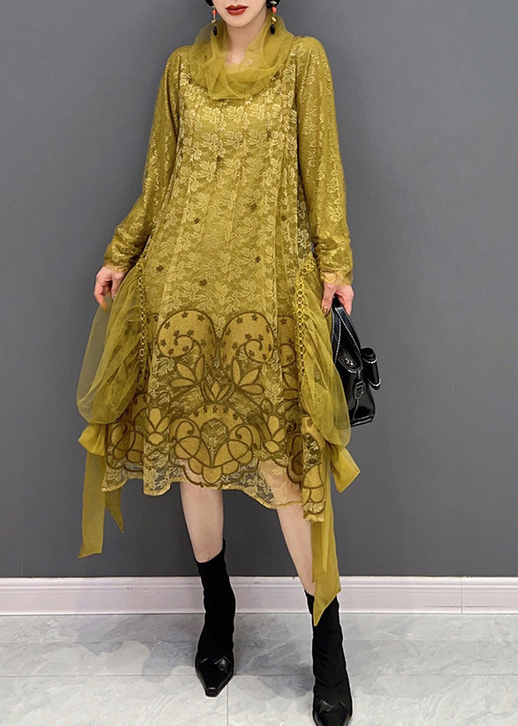 Yellow Turtleneck Embroideried Tulle Holiday Dress Long Sleeve
