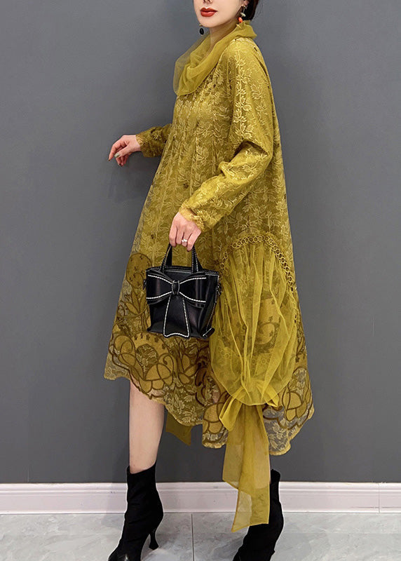 Yellow Turtleneck Embroideried Tulle Holiday Dress Long Sleeve