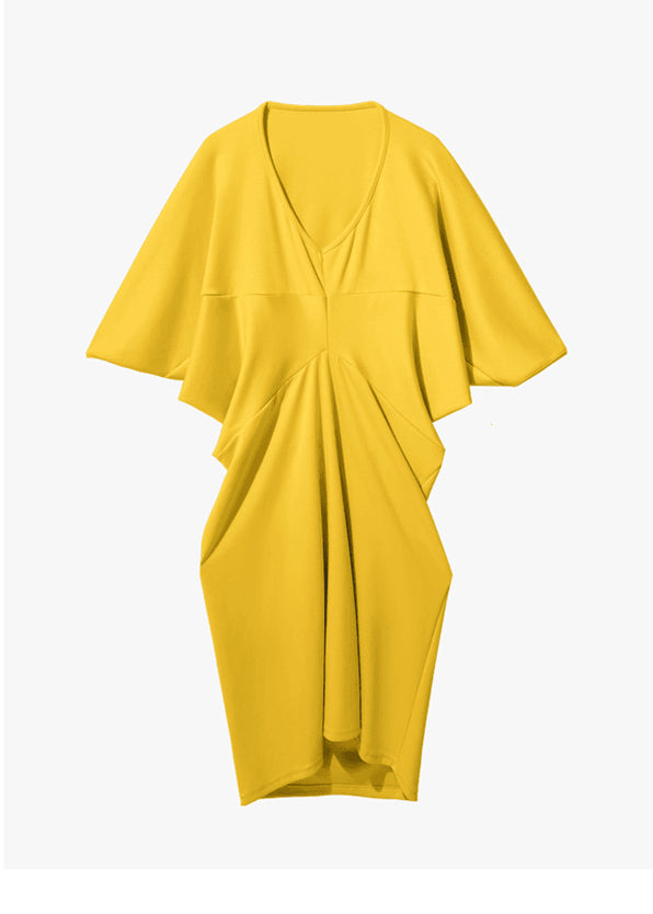 Yellow V Neck Patchwork Cotton Dresses Batwing Sleeve