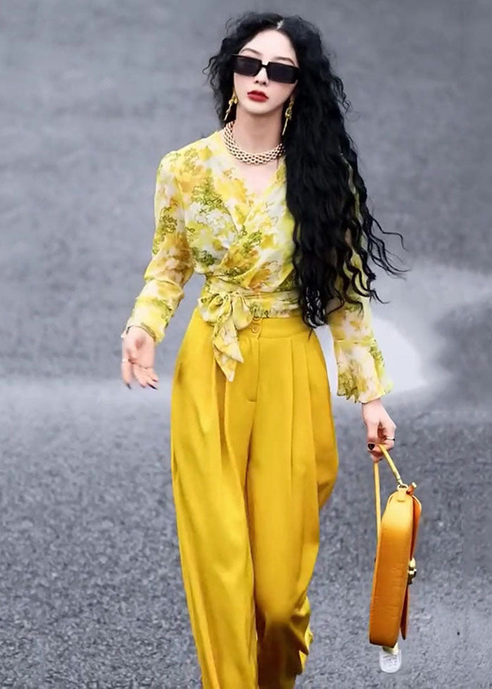 Yellow V Neck Print Chiffon Shirts and Wide Leg Pants Two Pieces Set Fall