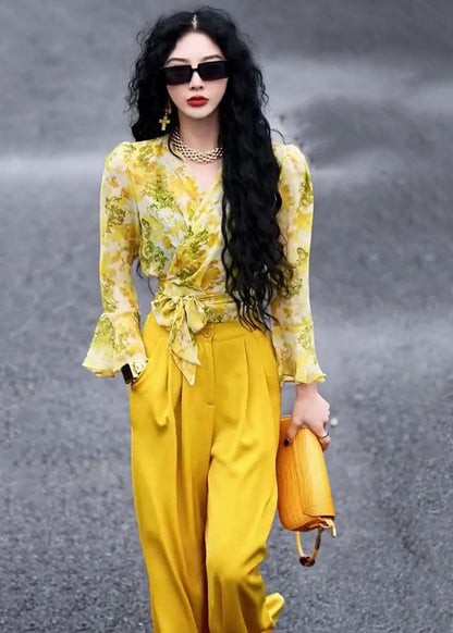 Yellow V Neck Print Chiffon Shirts and Wide Leg Pants Two Pieces Set Fall
