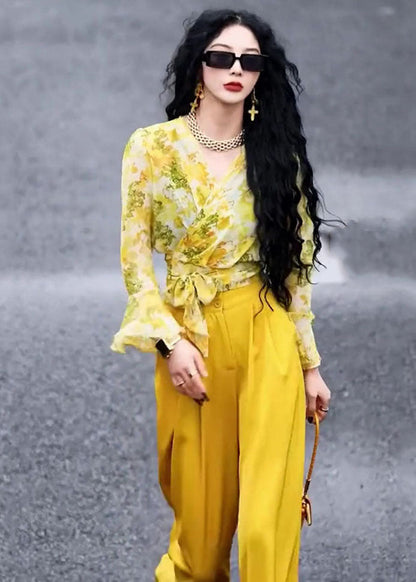 Yellow V Neck Print Chiffon Shirts and Wide Leg Pants Two Pieces Set Fall