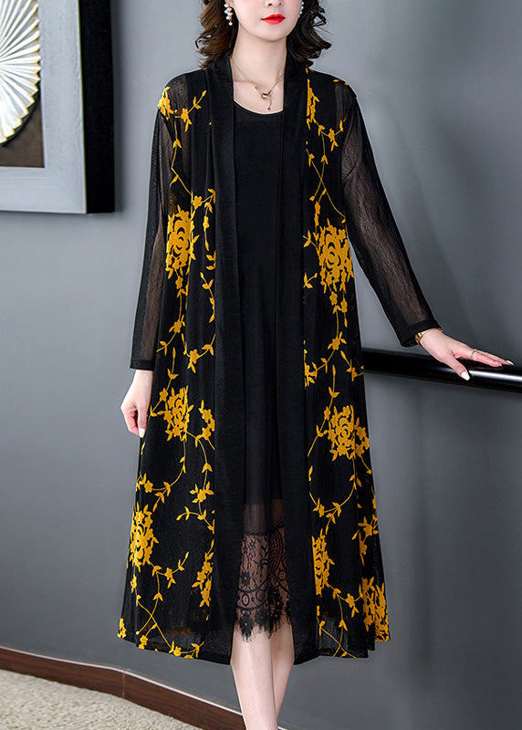 Yellow V Neck Print Tulle Long Sunscreen Cardigans Long Sleeve